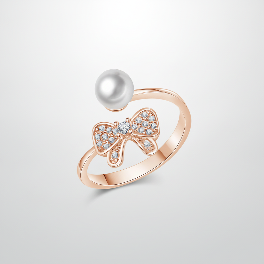 Rose Gold Bow & Pearl Open Ring with Crystal Accents