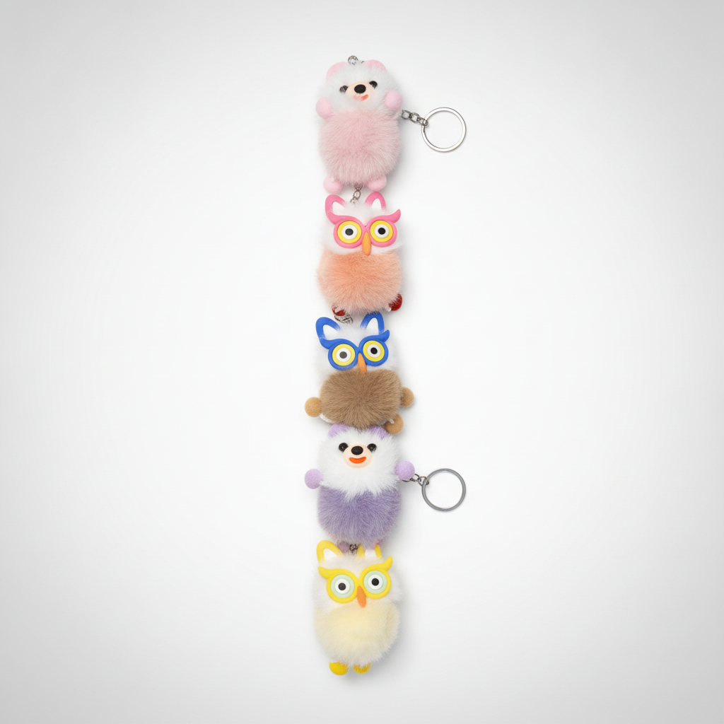 Fluffy Pom-Pom Owl Keychain Charm – Cute Plush Bag Accessory