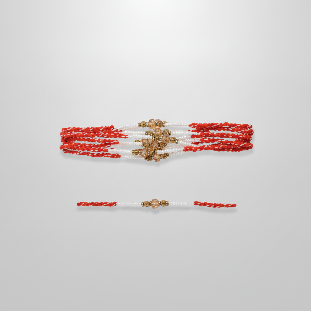 Traditional Red & White Beaded Rakhi – Pack of 12