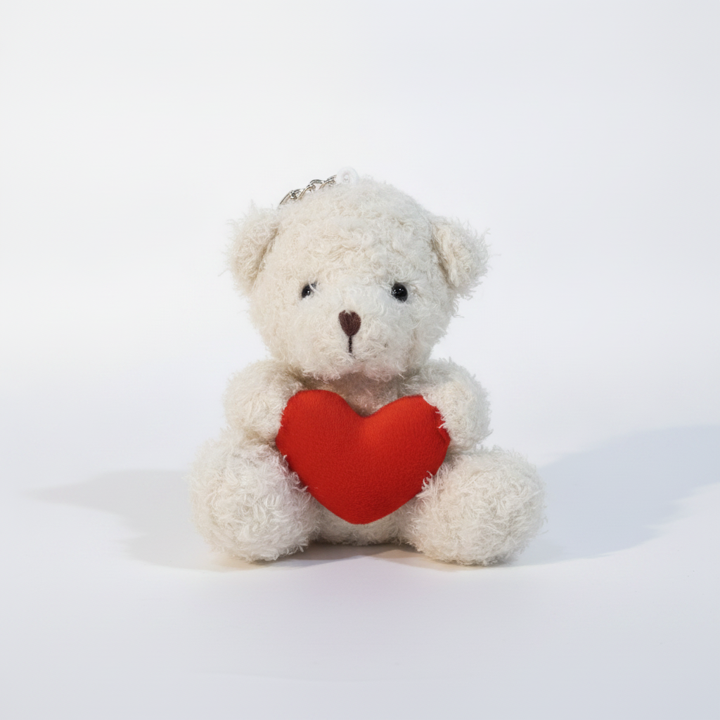 White Plush Teddy Bear Keychain with Red Heart