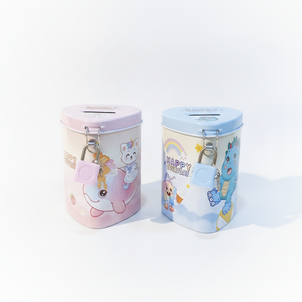 Cute Cartoon Tin Money Bank with Lock – Kids Piggy Bank