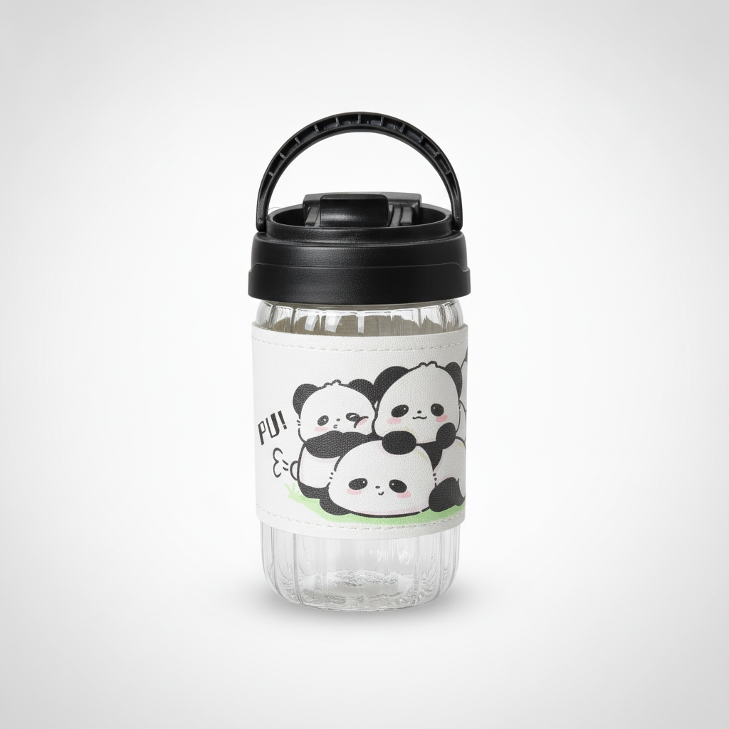 Cute Panda Glass Water Bottle with Carry Handle – 500ml