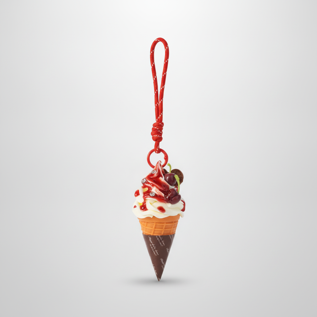 Miniature Ice Cream Cone Keychain Charm with Cherry Topping