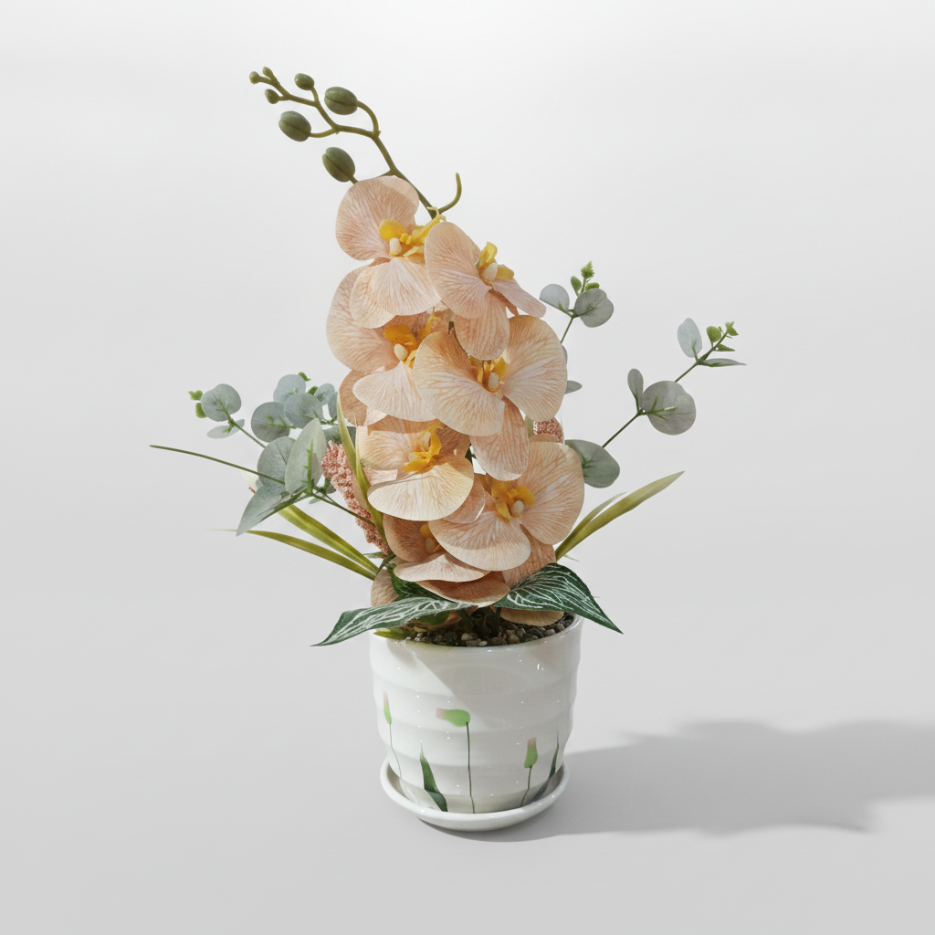 Peach Phalaenopsis Orchid Arrangement in Ceramic Pot