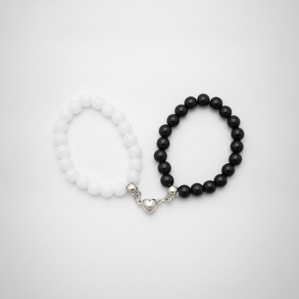 Black & White Couple Bracelet Set with Silver Heart Charms