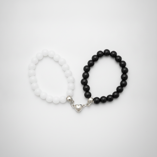 Black & White Couple Bracelet Set with Silver Heart Charms