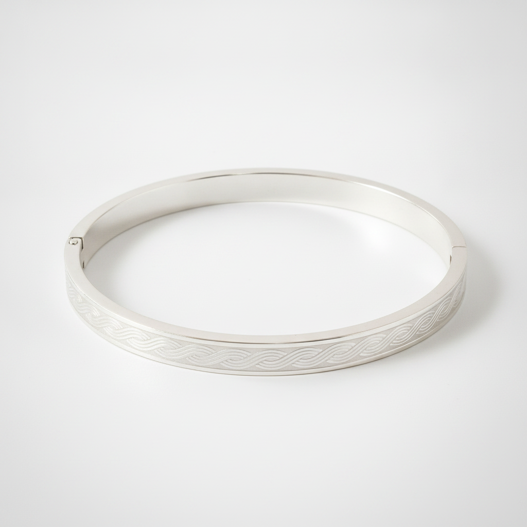 Men's Silver Bangle Bracelet with Engraved Wave Pattern