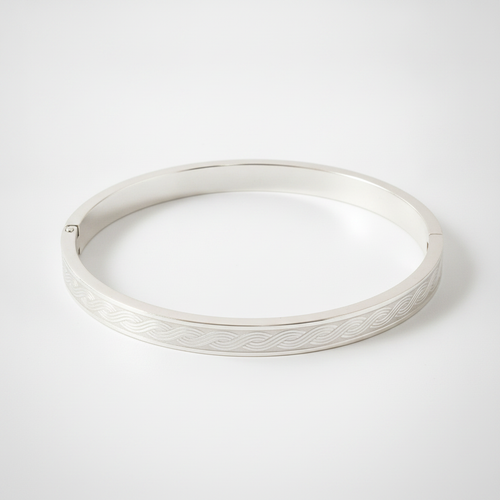 Men's Silver Bangle Bracelet with Engraved Wave Pattern