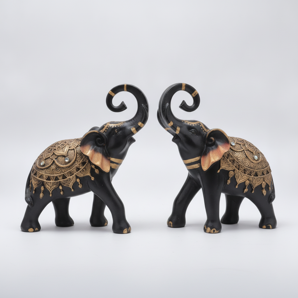 Elephant Pair Figurine Set – Black & Gold Resin Décor