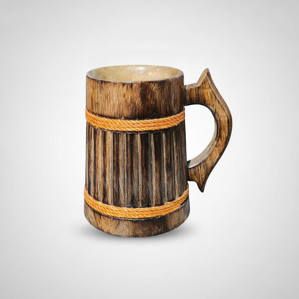 Handcrafted Viking Wooden Beer Mug with Rope Detail