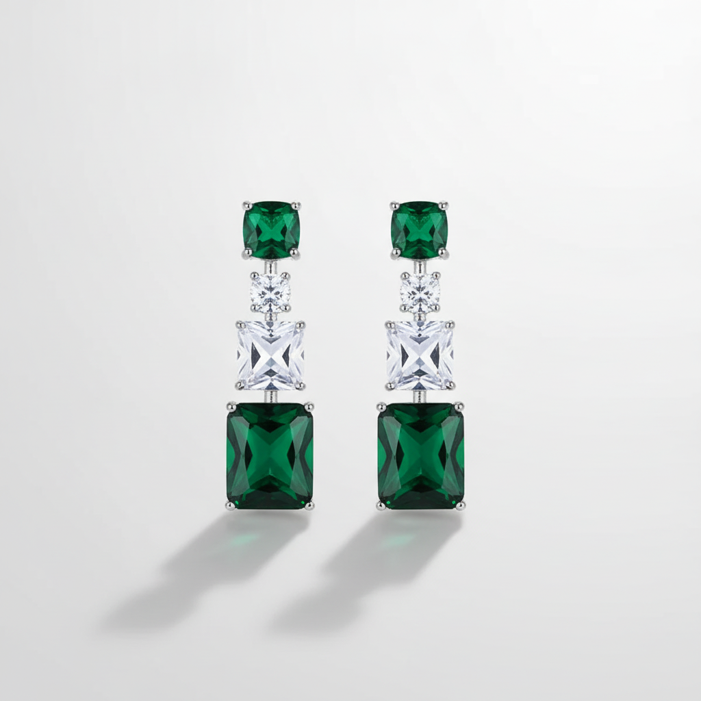 Emerald Green & Crystal Drop Earrings in Silver Tone