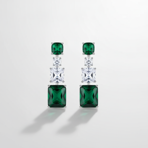 Emerald Green & Crystal Drop Earrings in Silver Tone