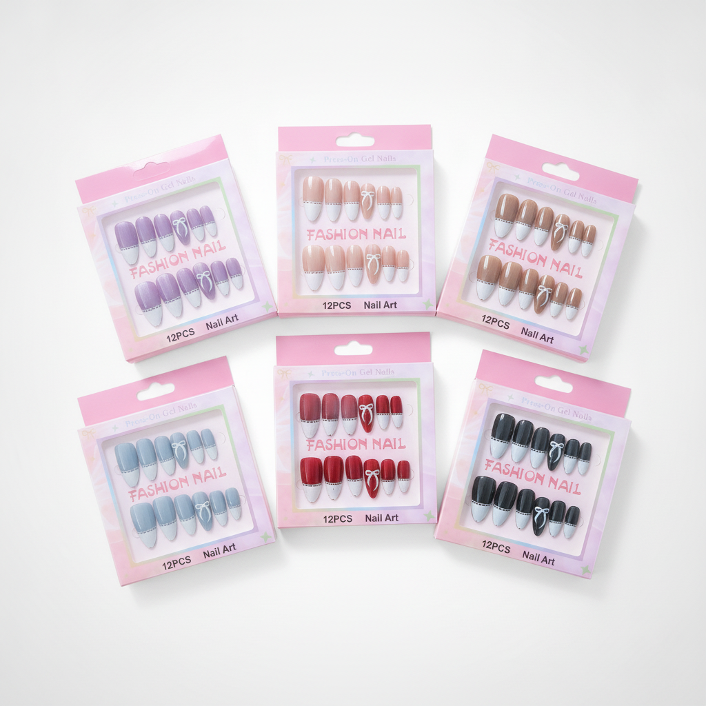 Fashion Nail Press-On Gel Nails – French Tip Bow Set, 12PCS