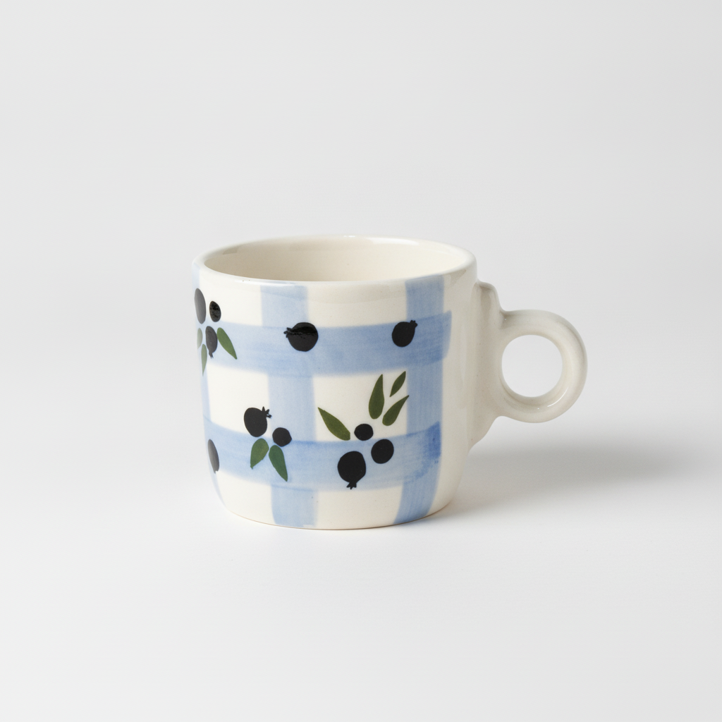 Handpainted Blue Gingham Berry Ceramic Mug