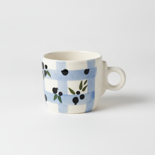 Handpainted Blue Gingham Berry Ceramic Mug