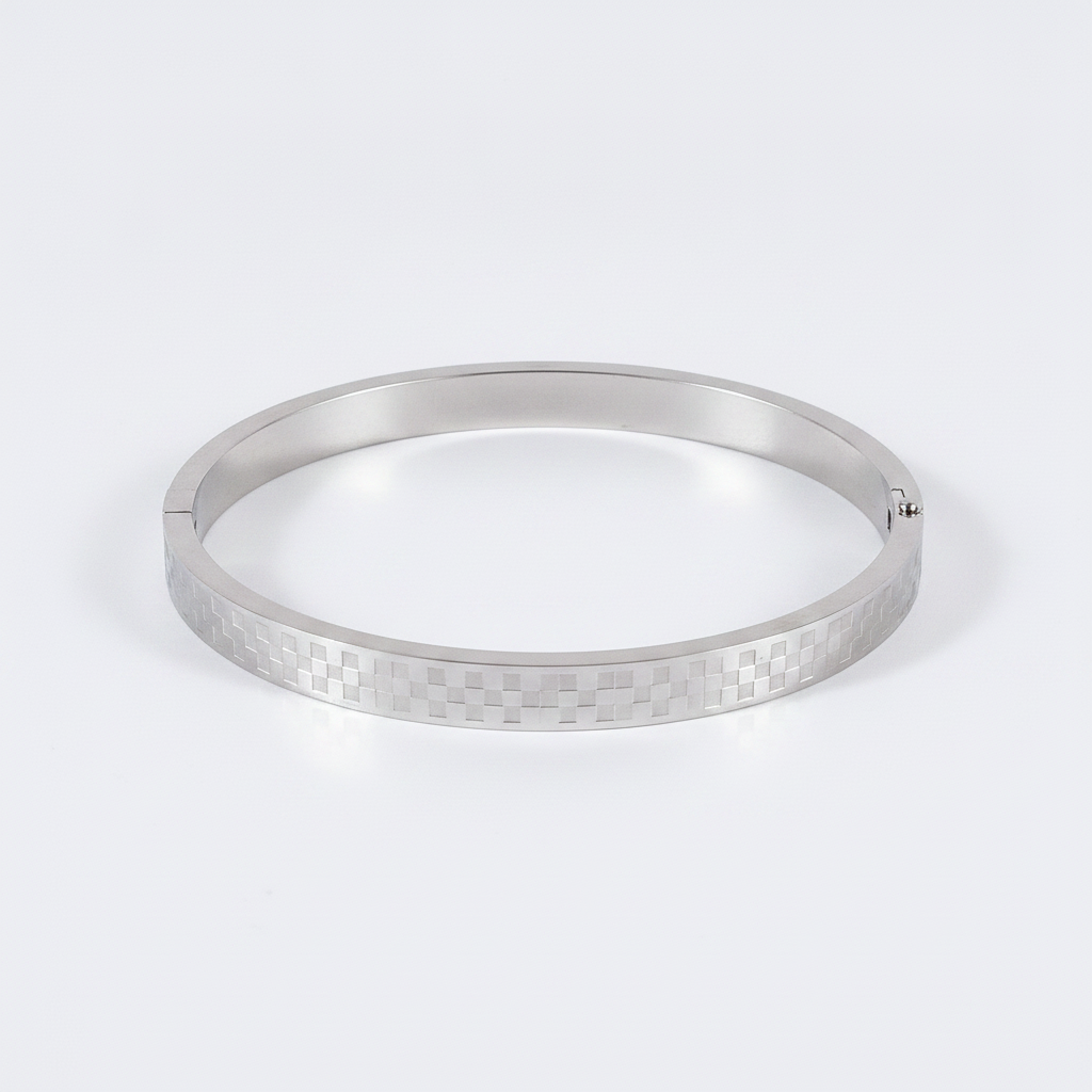 Men's Silver Bangle Bracelet with Checkered Engraving