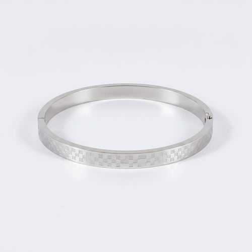 Men's Silver Bangle Bracelet with Checkered Engraving