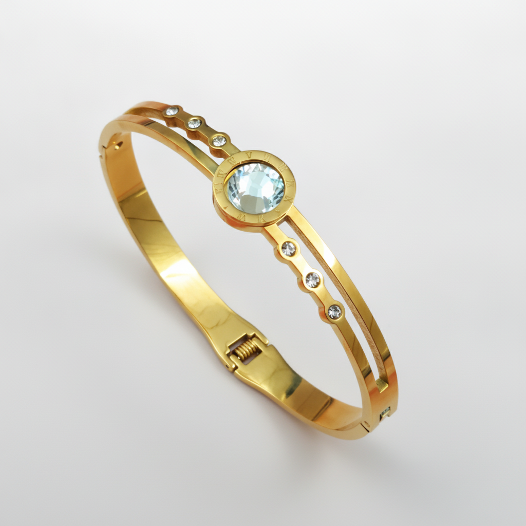 Gold-Tone Bangle Bracelet with Aqua Crystal Centerpiece