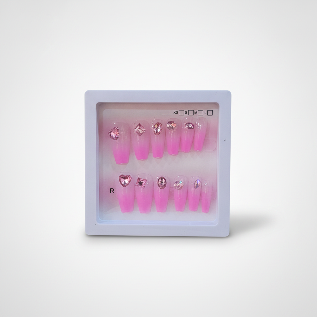 Pink Ombré Press-On Nails with Rhinestone Gems – 10 Pc Set