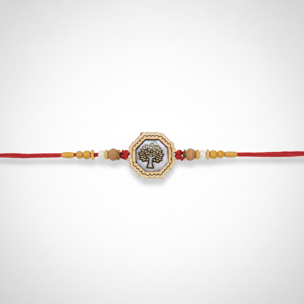 Handcrafted Wooden Tree of Life Rakhi with Beaded Red Thread