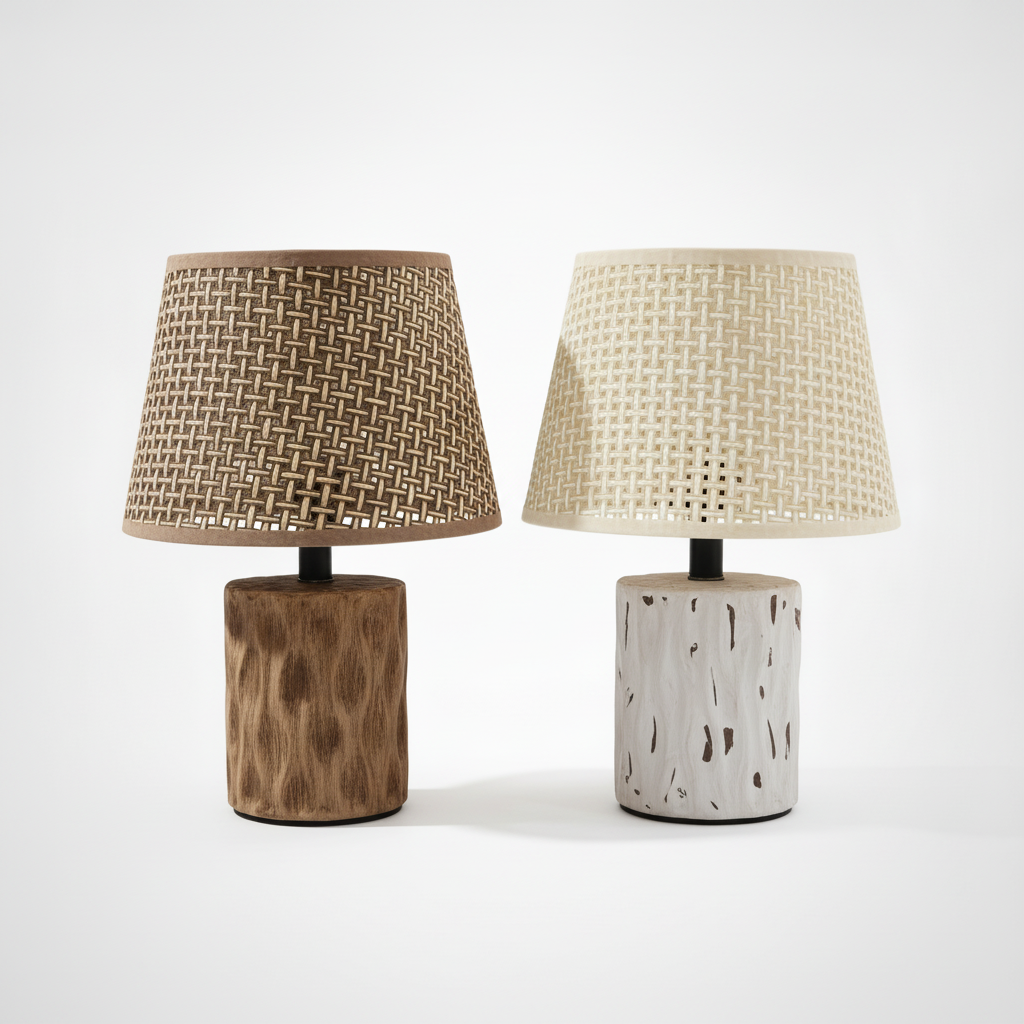 Rustic Woven Table Lamp with Natural Wood Base