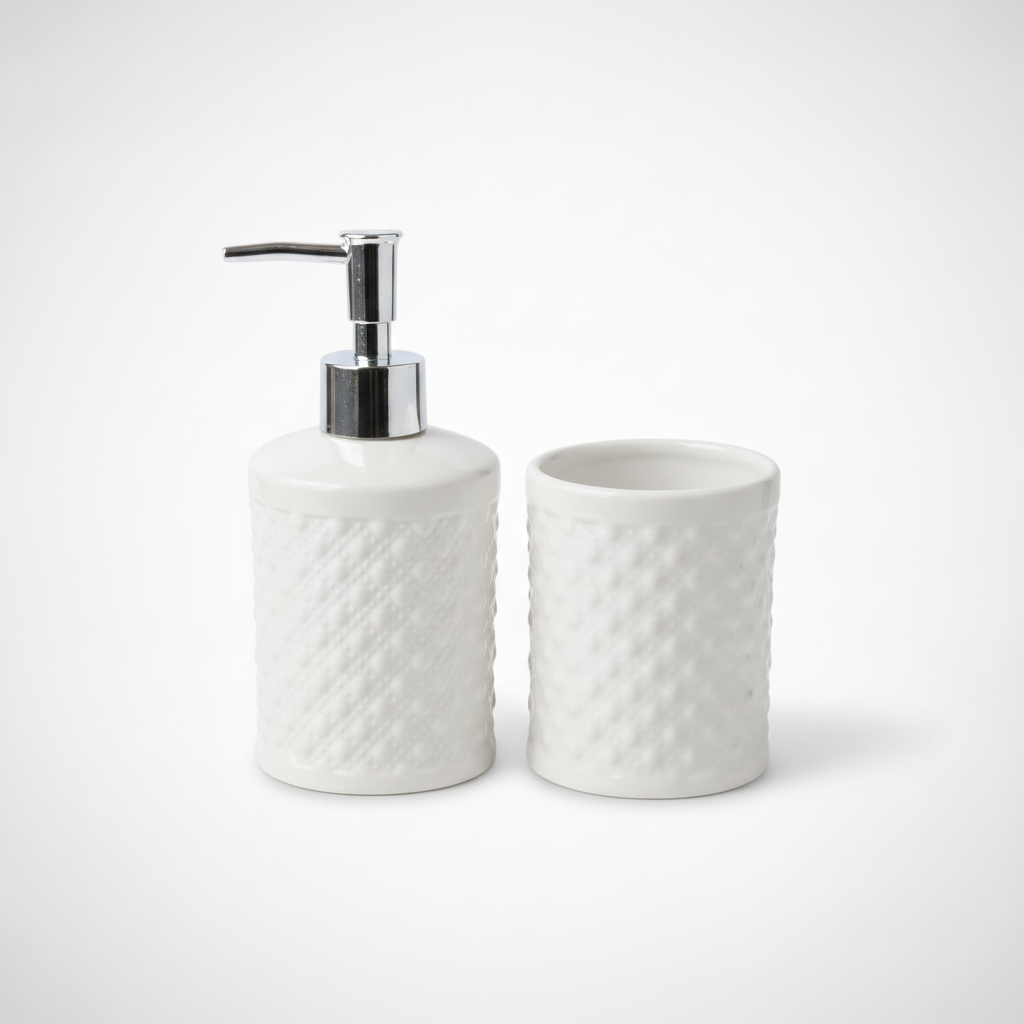 White Ceramic Bathroom Accessory Set – Soap Dispenser & Tumbler