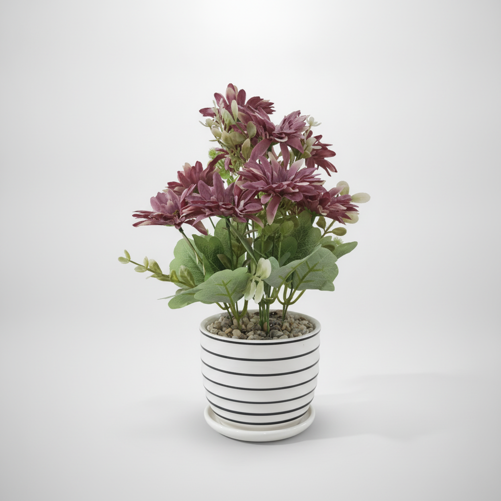 Ceramic Striped Pot with Purple Artificial Daisy Arrangement