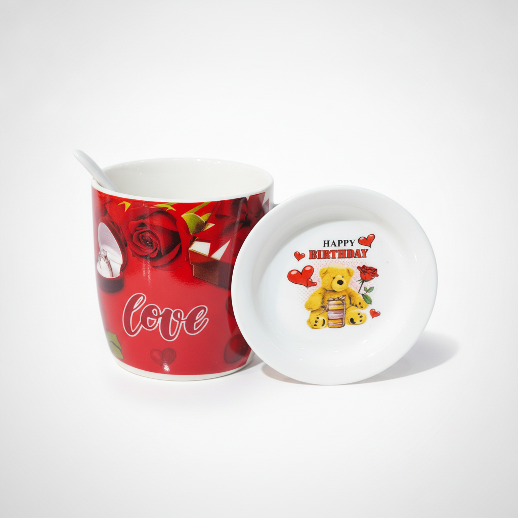 Love & Birthday Ceramic Mug with Saucer & Spoon Set