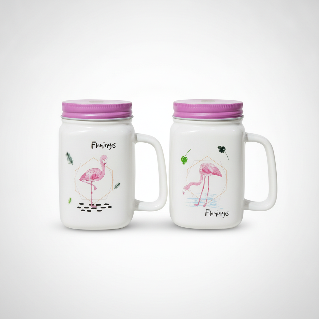 Flamingos Ceramic Mason Jar Mug with Lid