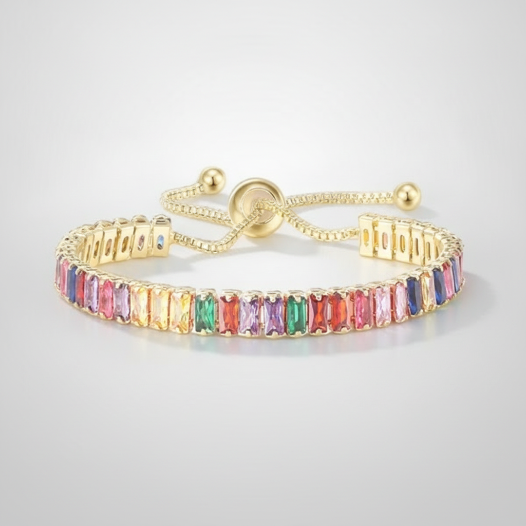Rainbow Baguette Crystal Gold Tennis Bracelet for Women