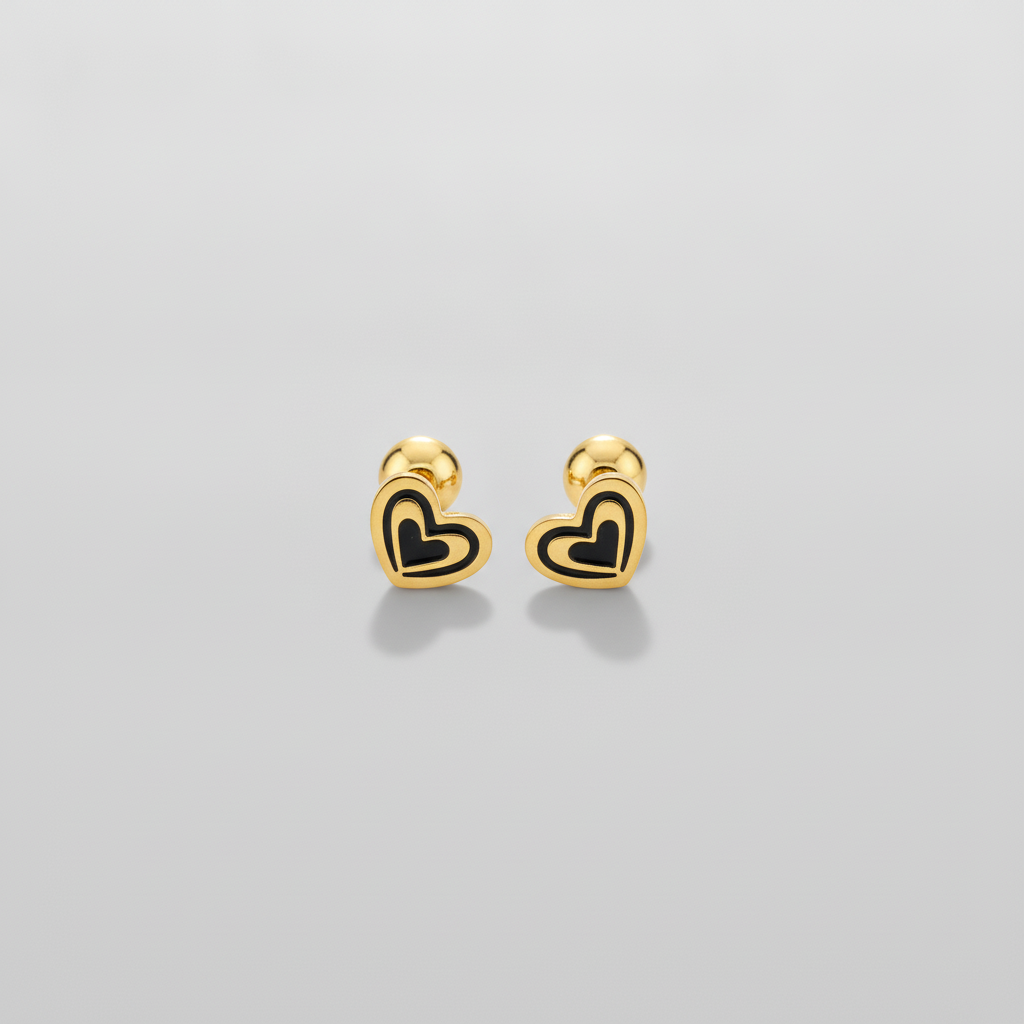 Men's Gold Heart Stud Earrings with Black Enamel Detail