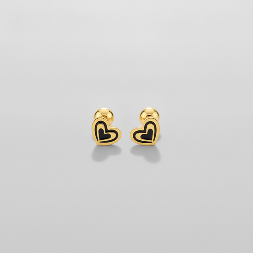 Men's Gold Heart Stud Earrings with Black Enamel Detail