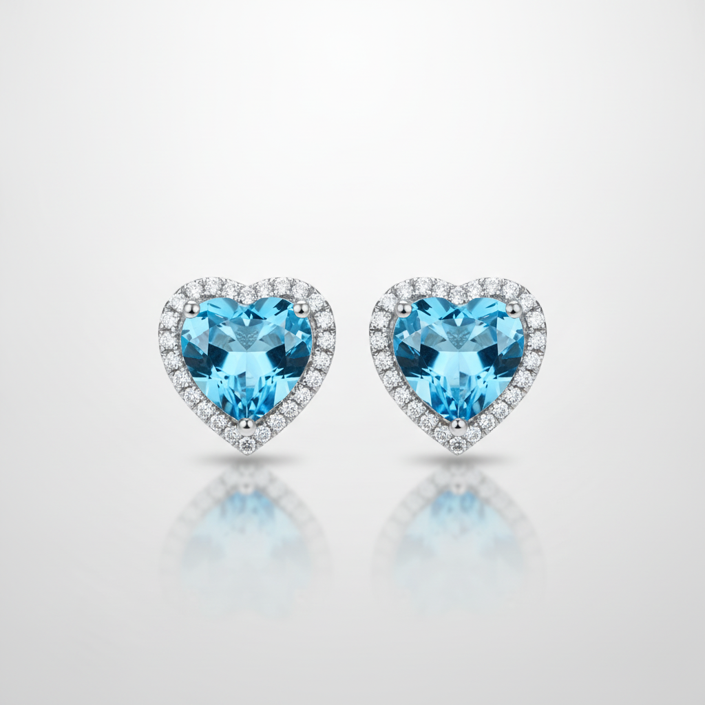 Heart-Cut Blue Topaz Halo Stud Earrings in Sterling Silver