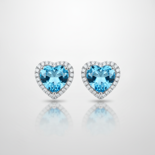 Heart-Cut Blue Topaz Halo Stud Earrings in Sterling Silver