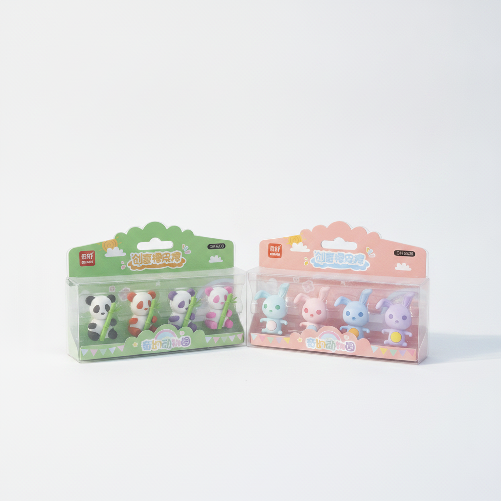 QIHAO Cute Animal Eraser Set – Pandas & Bunnies (4-Pack)