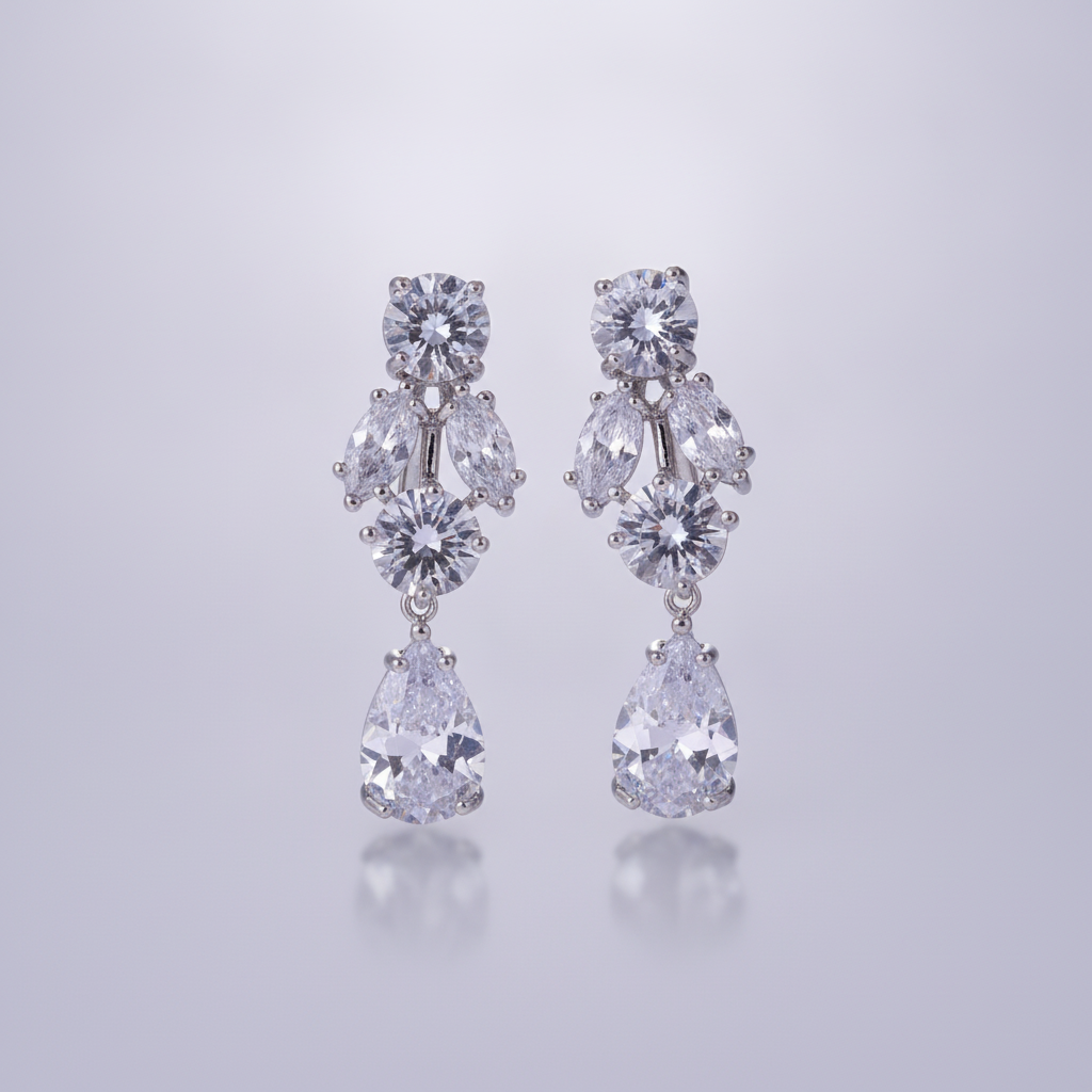 Crystal Teardrop Cluster Drop Earrings in Silver