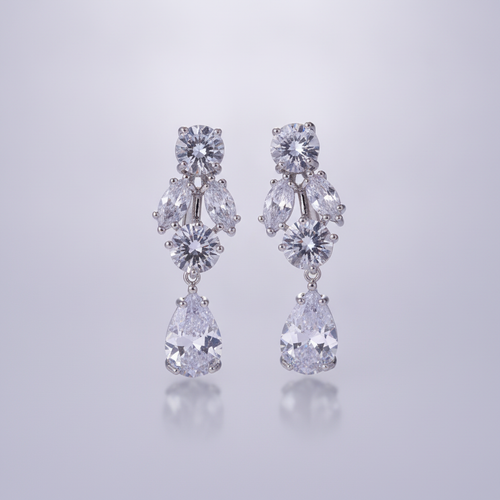 Crystal Teardrop Cluster Drop Earrings in Silver