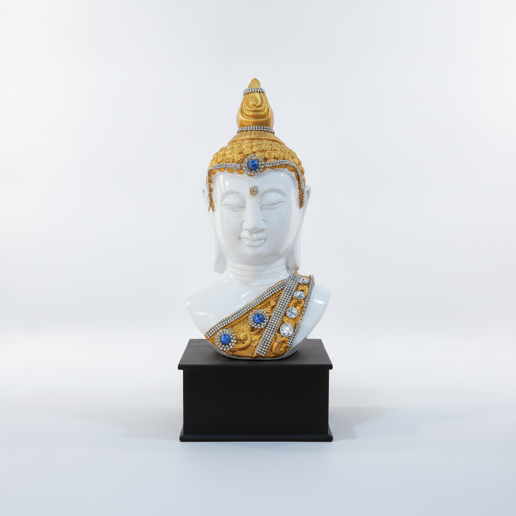 Thai Buddha Head Bust Statue – White & Gold, 13" Resin