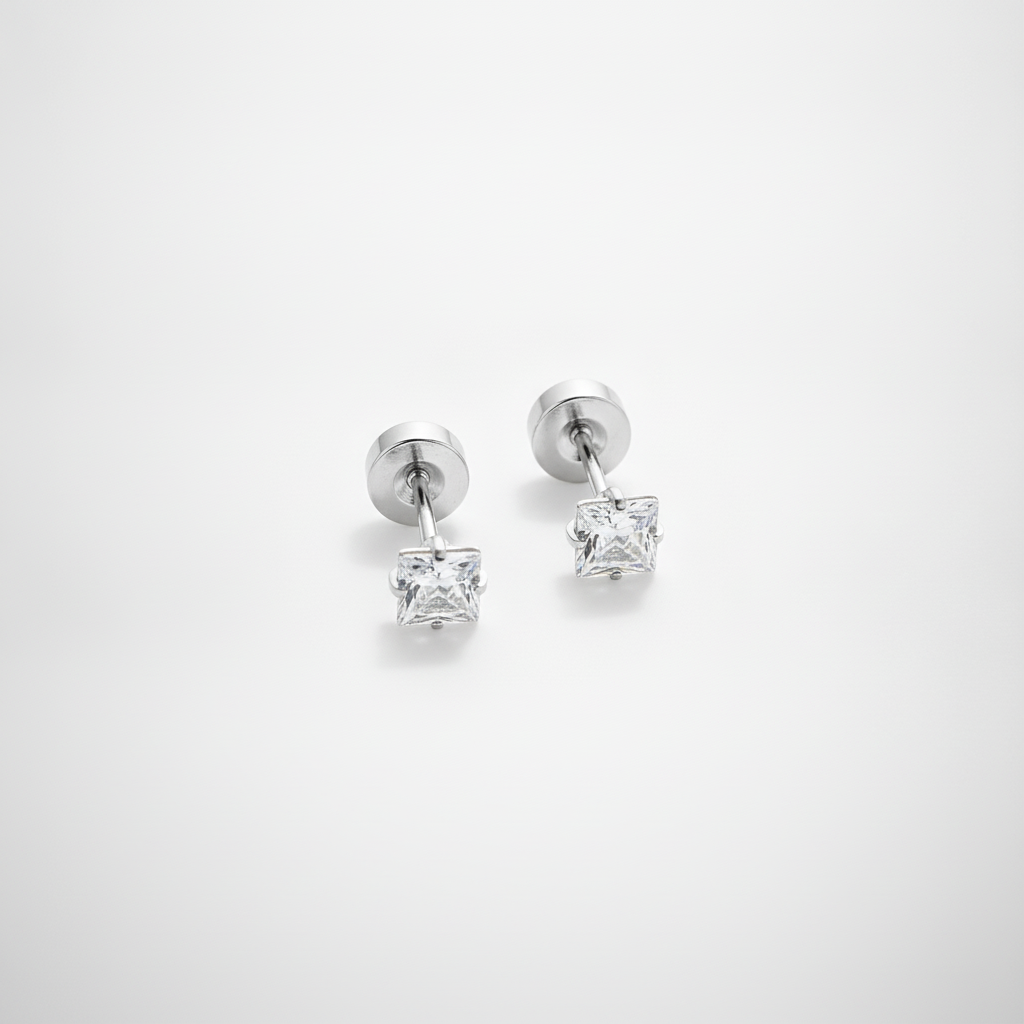 Men's Princess Cut Crystal Stud Earrings – Silver