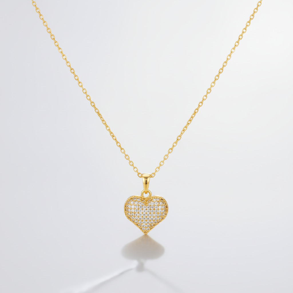 Gold Heart Pendant Necklace with Crystal Pavé Detail