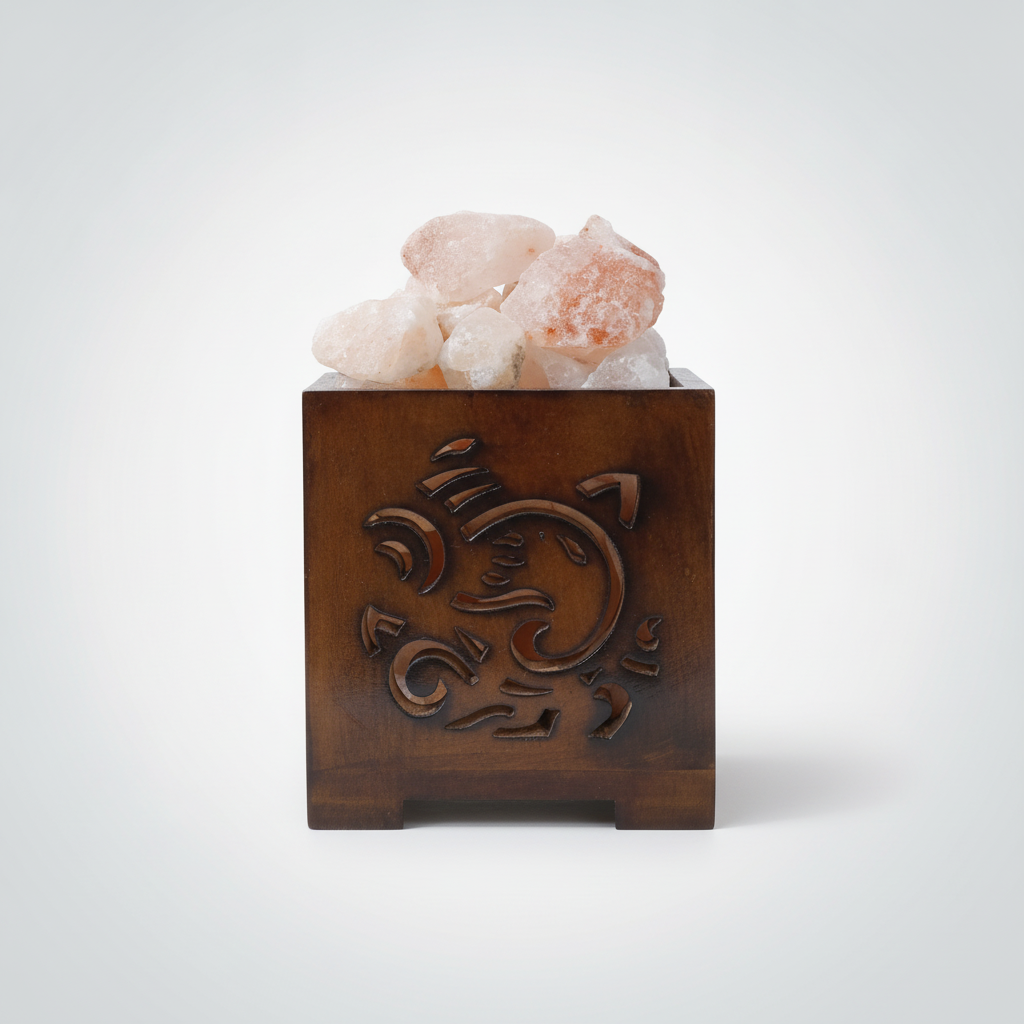 Himalayan Salt Crystal Lamp with Carved Wood Ganesha Box