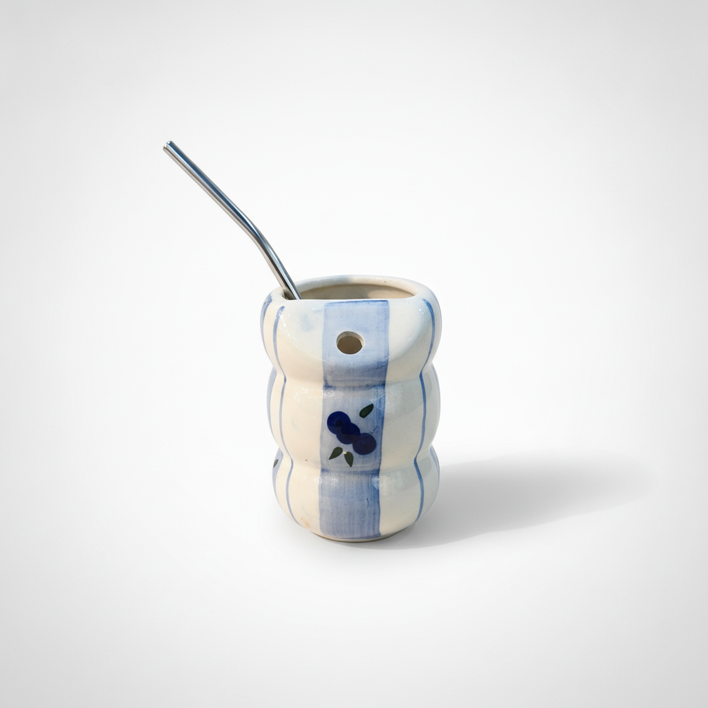 Handcrafted Ceramic Bubble Mug with Blueberry Design & Straw
