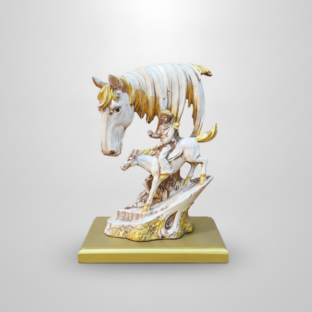 Western Cowboy & Horse Resin Sculpture Figurine – Gold & White