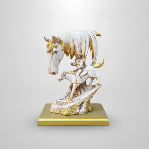 Western Cowboy & Horse Resin Sculpture Figurine – Gold & White