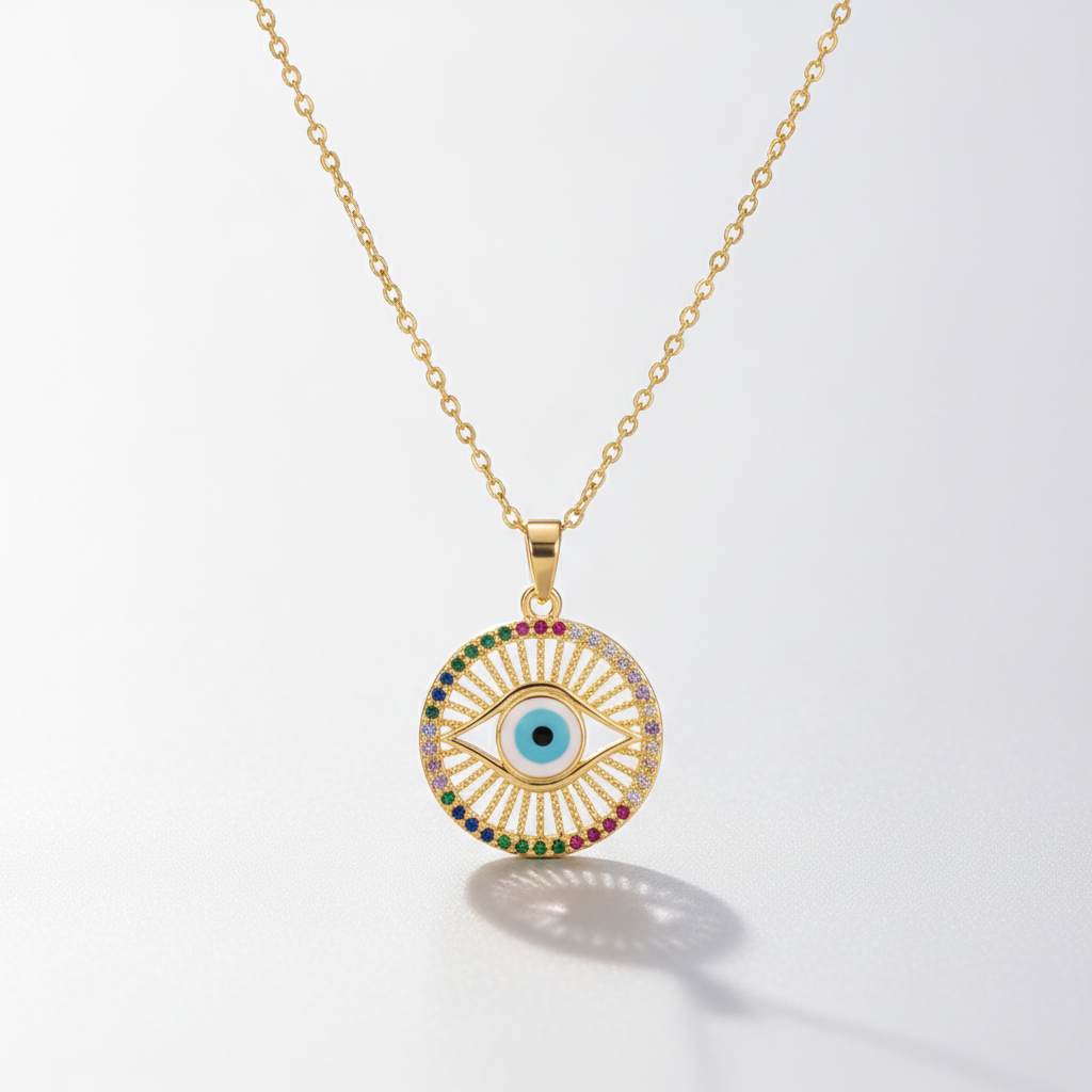 Evil Eye Gold Coin Pendant Necklace with Rainbow Crystals