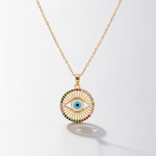 Evil Eye Gold Coin Pendant Necklace with Rainbow Crystals