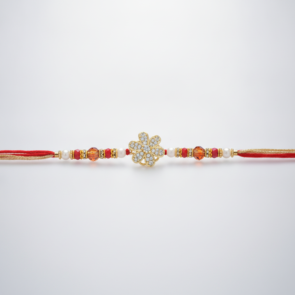 Elegant Floral Rakhi with Crystal Beads & Gold Threads