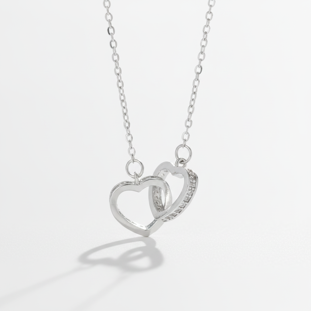 Double Heart Interlinked Silver Pendant Necklace
