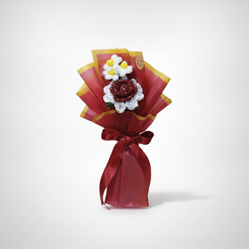 Handmade Crochet Flower Bouquet – Red Rose & Daisy Gift
