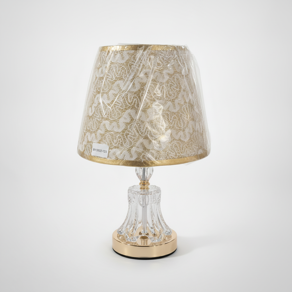Crystal Base Table Lamp with Gold Lace Fabric Shade